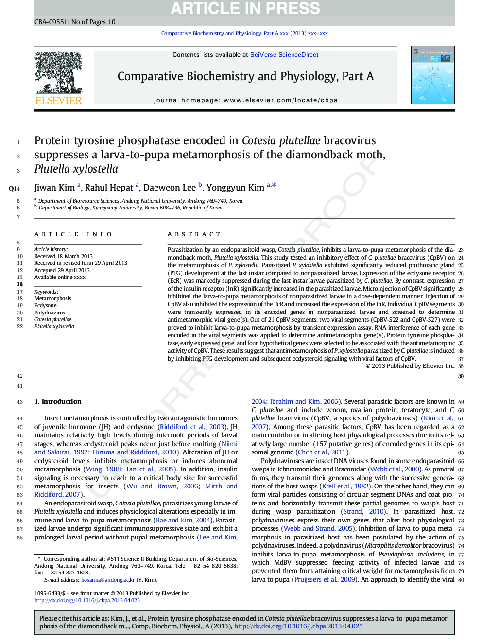 Protein tyrosine phosphatase encoded in Cotesia plutellae bracovirus suppresses a larva-to-pupa metamorphosis of the diamondback moth, Plutella xylostella