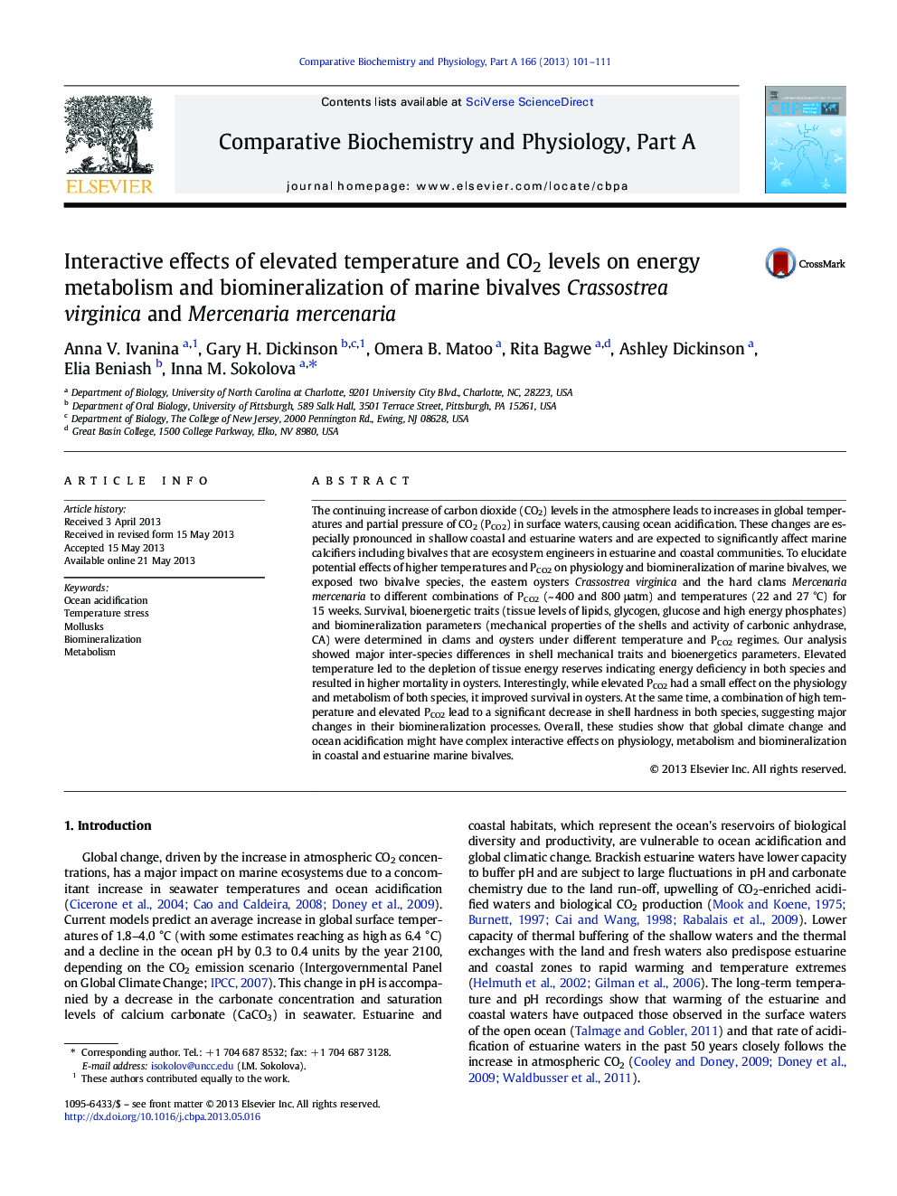 Interactive effects of elevated temperature and CO2 levels on energy metabolism and biomineralization of marine bivalves Crassostrea virginica and Mercenaria mercenaria