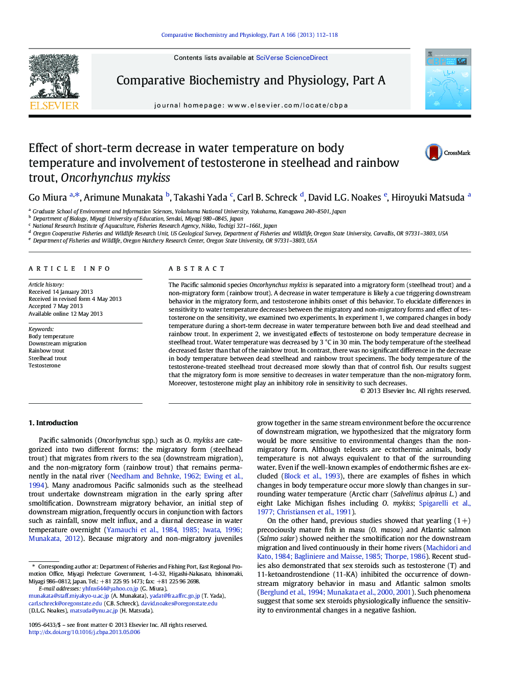 Effect of short-term decrease in water temperature on body temperature and involvement of testosterone in steelhead and rainbow trout, Oncorhynchus mykiss