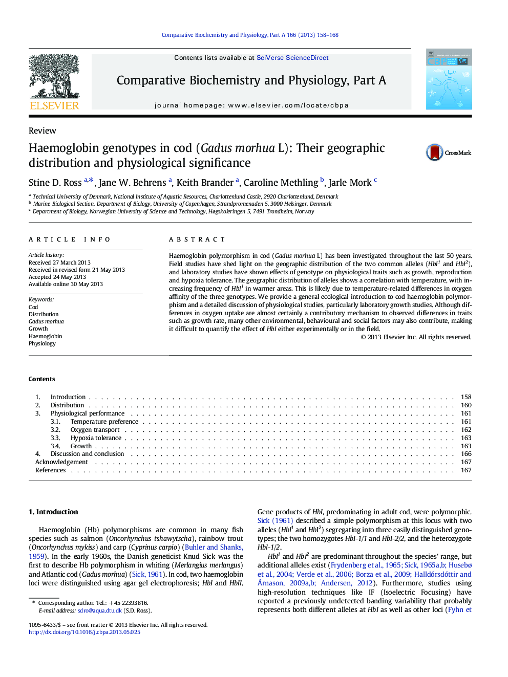 Haemoglobin genotypes in cod (Gadus morhua L): Their geographic distribution and physiological significance