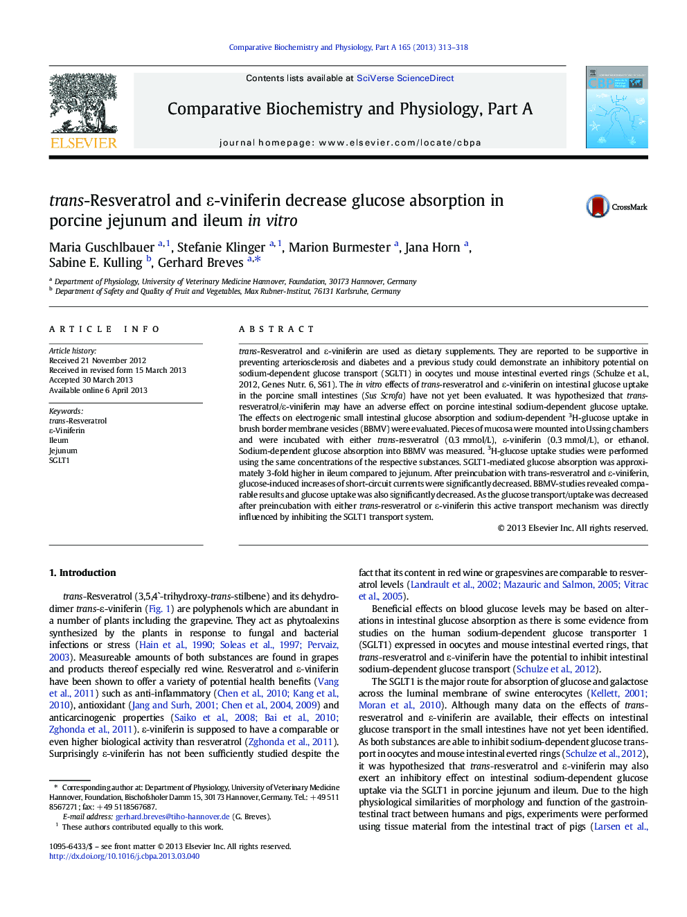 trans-Resveratrol and Îµ-viniferin decrease glucose absorption in porcine jejunum and ileum in vitro