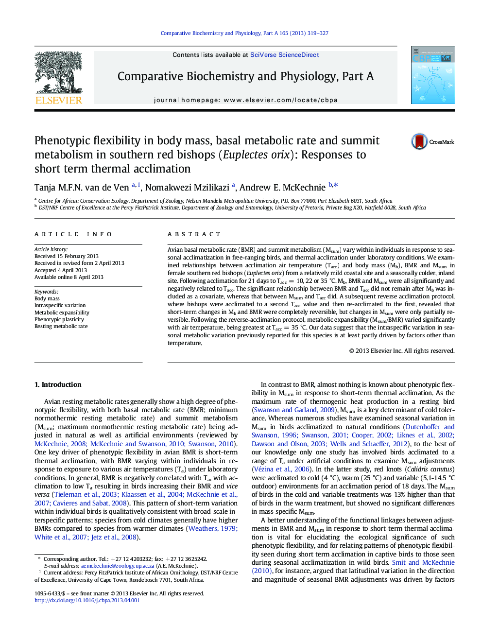 Phenotypic flexibility in body mass, basal metabolic rate and summit metabolism in southern red bishops (Euplectes orix): Responses to short term thermal acclimation