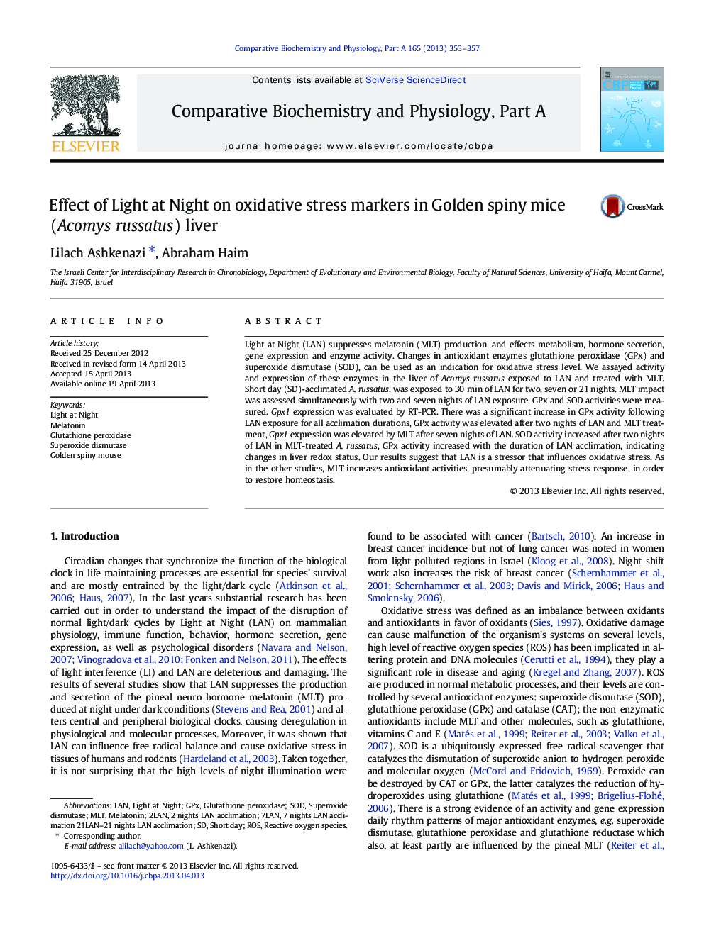 Effect of Light at Night on oxidative stress markers in Golden spiny mice (Acomys russatus) liver