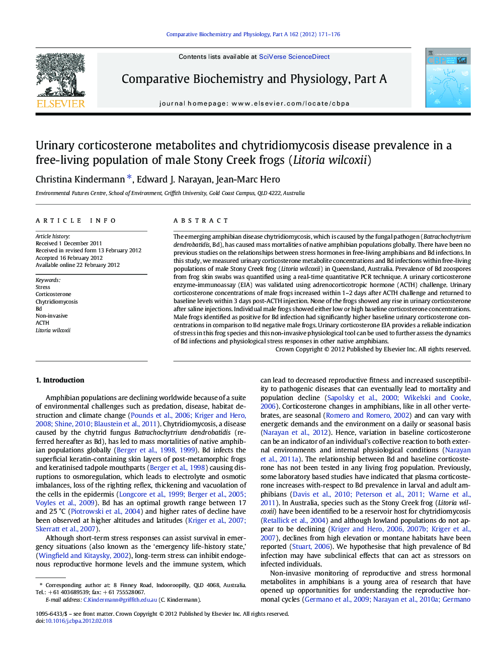 Urinary corticosterone metabolites and chytridiomycosis disease prevalence in a free-living population of male Stony Creek frogs (Litoria wilcoxii)