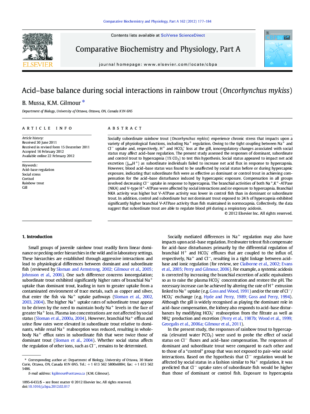 Acid-base balance during social interactions in rainbow trout (Oncorhynchus mykiss)