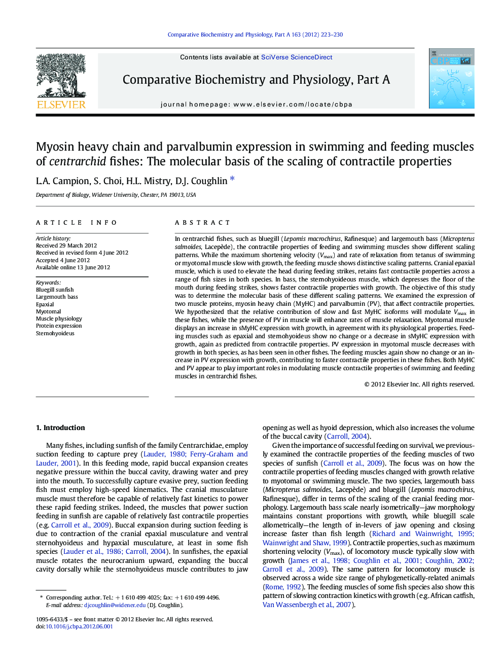 Myosin heavy chain and parvalbumin expression in swimming and feeding muscles of centrarchid fishes: The molecular basis of the scaling of contractile properties