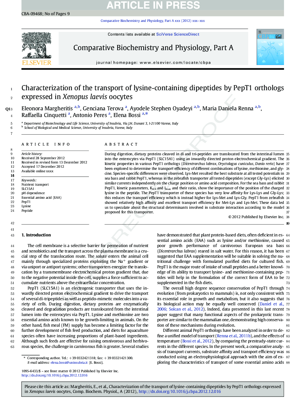 Characterization of the transport of lysine-containing dipeptides by PepT1 orthologs expressed in Xenopus laevis oocytes