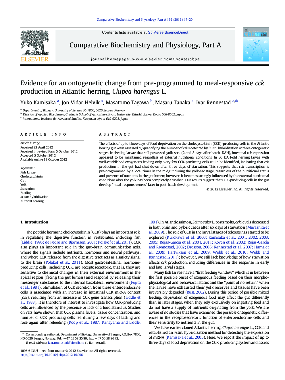 Evidence for an ontogenetic change from pre-programmed to meal-responsive cck production in Atlantic herring, Clupea harengus L.