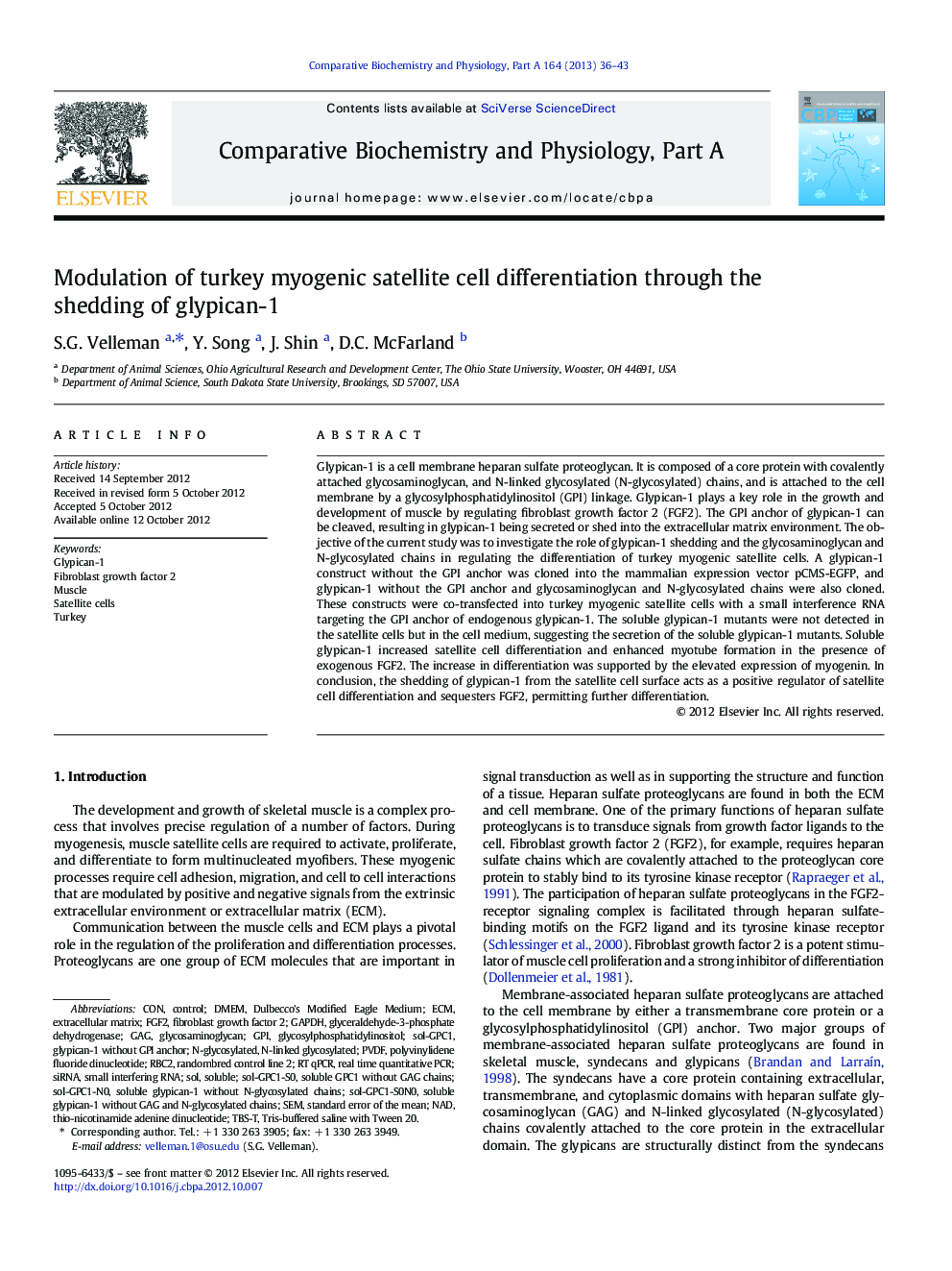 عکس صفحه اول مقاله: Modulation of turkey myogenic satellite cell differentiation through the shedding of glypican-1 Modulation of turkey myogenic satellite cell differentiation through the shedding of glypican-1
