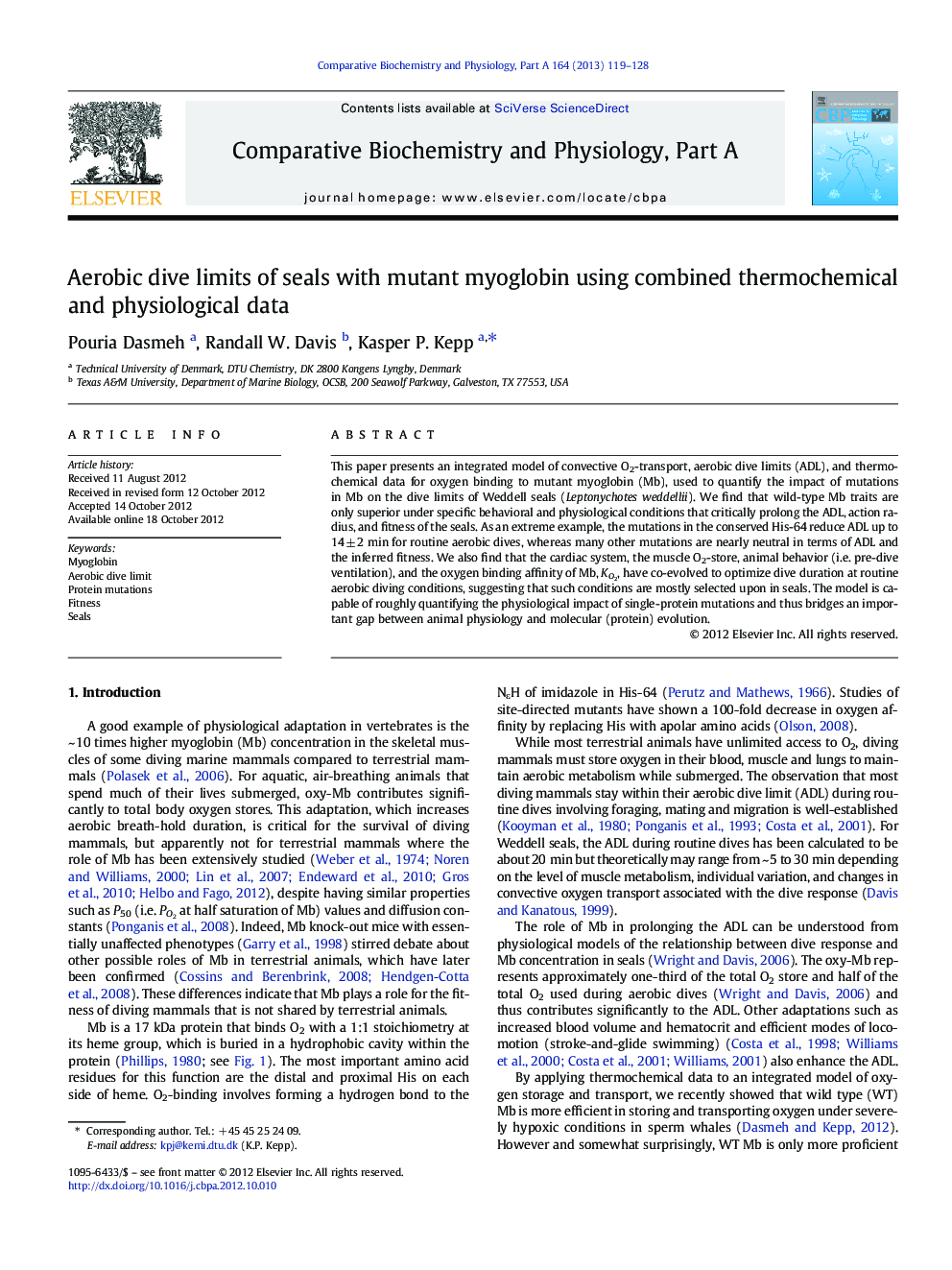 Aerobic dive limits of seals with mutant myoglobin using combined thermochemical and physiological data