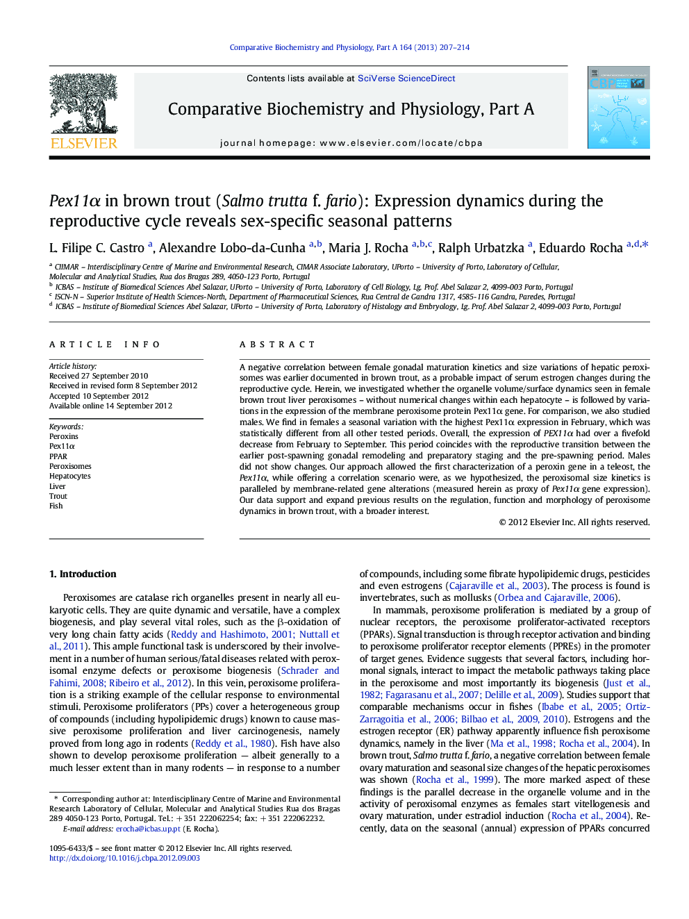 Pex11Î± in brown trout (Salmo trutta f. fario): Expression dynamics during the reproductive cycle reveals sex-specific seasonal patterns