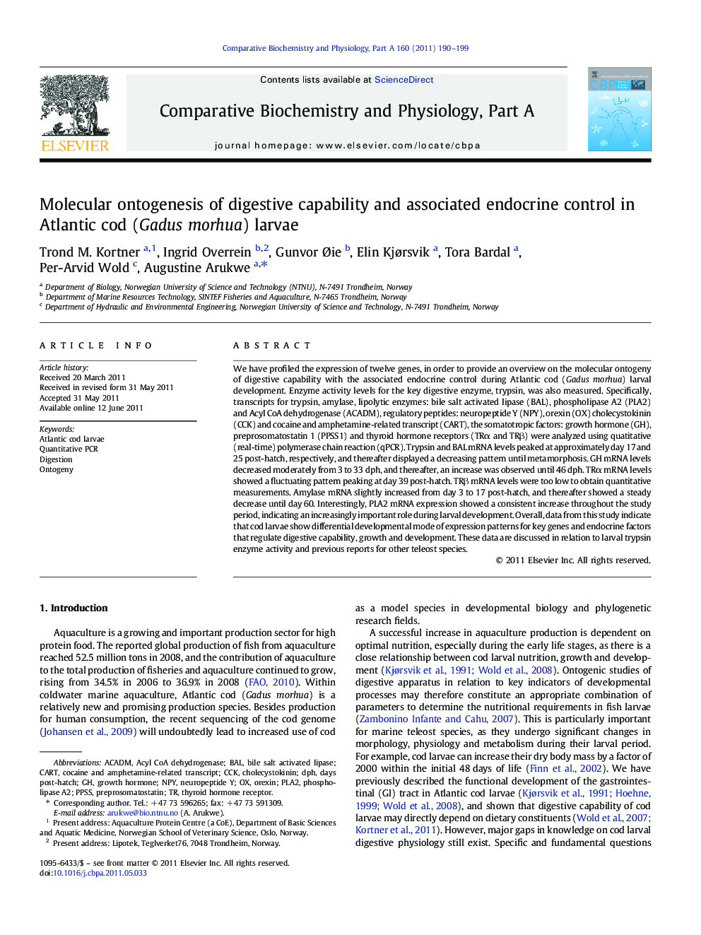 Molecular ontogenesis of digestive capability and associated endocrine control in Atlantic cod (Gadus morhua) larvae