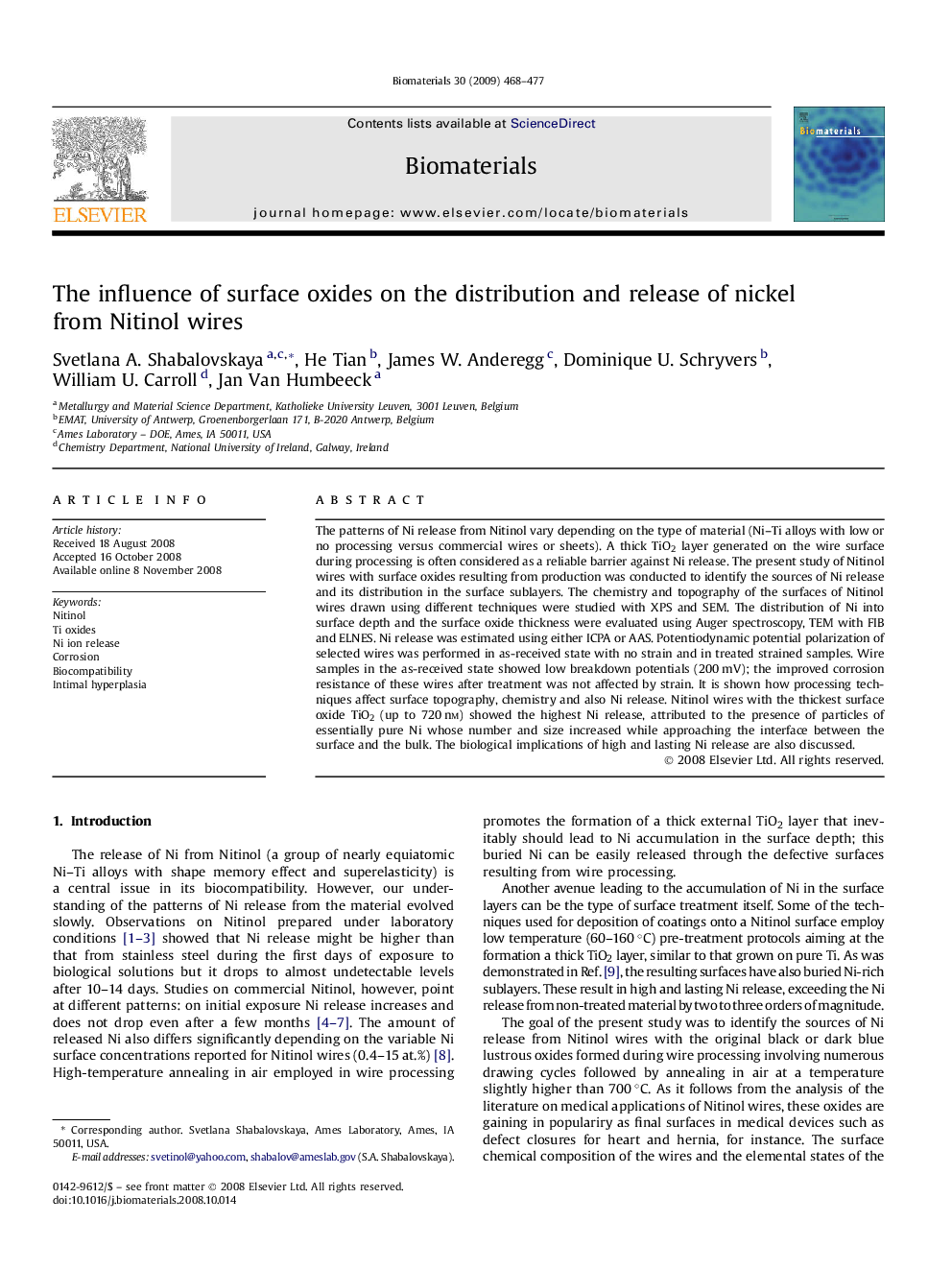 The influence of surface oxides on the distribution and release of nickel from Nitinol wires