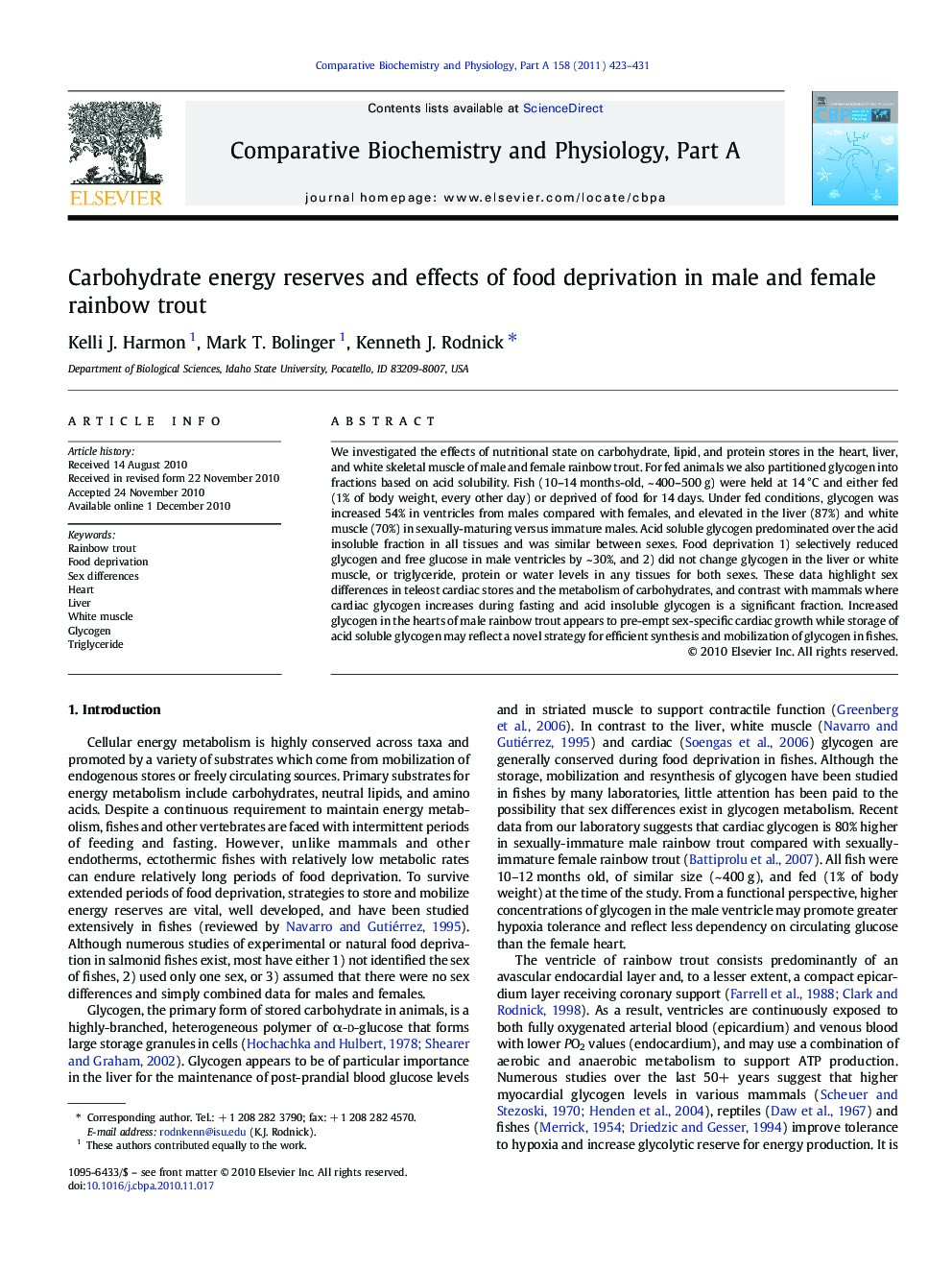 Carbohydrate energy reserves and effects of food deprivation in male and female rainbow trout