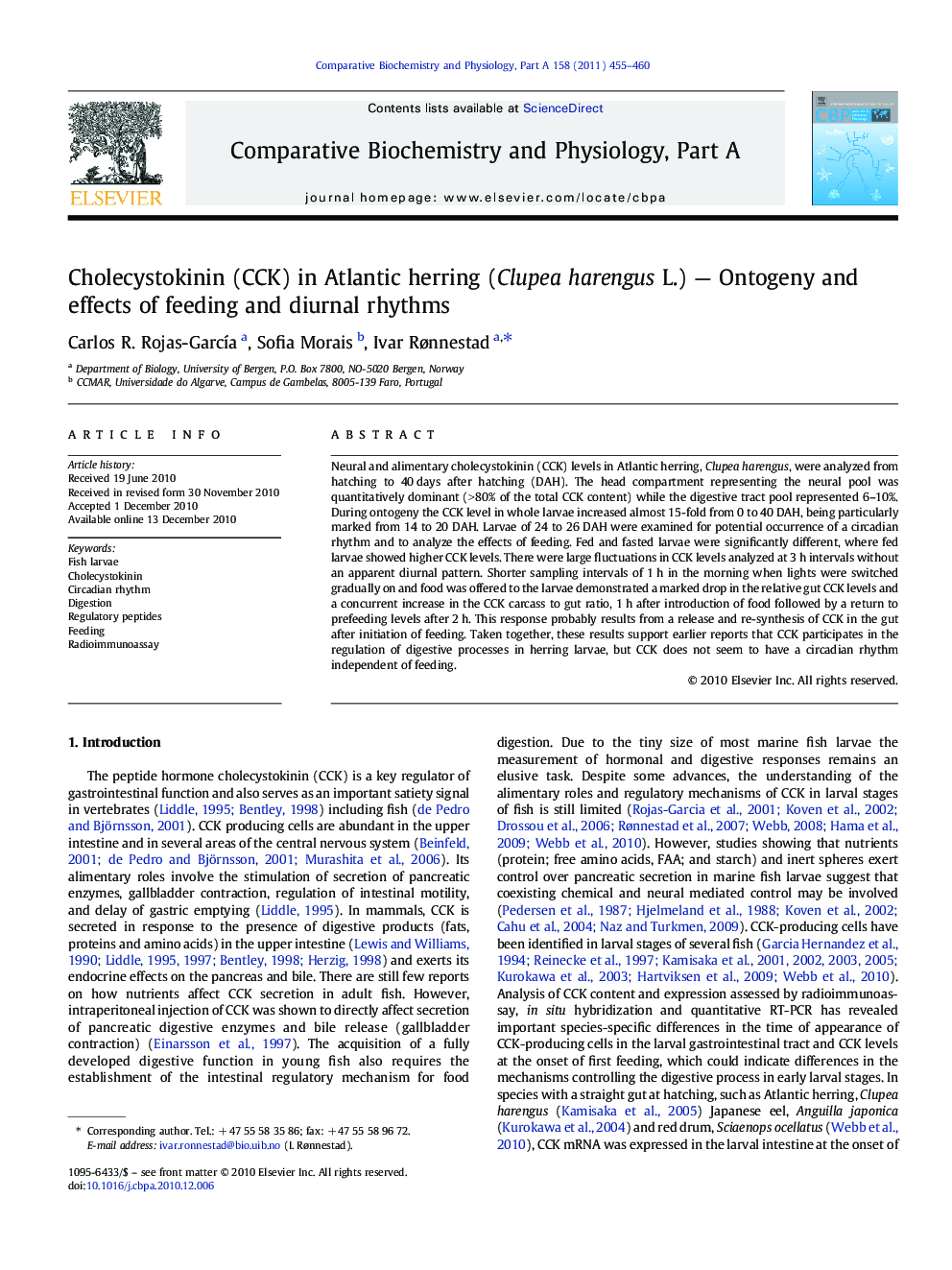 Cholecystokinin (CCK) in Atlantic herring (Clupea harengus L.) - Ontogeny and effects of feeding and diurnal rhythms