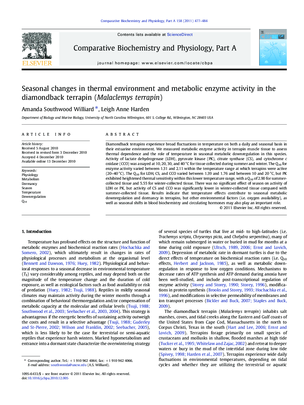 Seasonal changes in thermal environment and metabolic enzyme activity in the diamondback terrapin (Malaclemys terrapin)