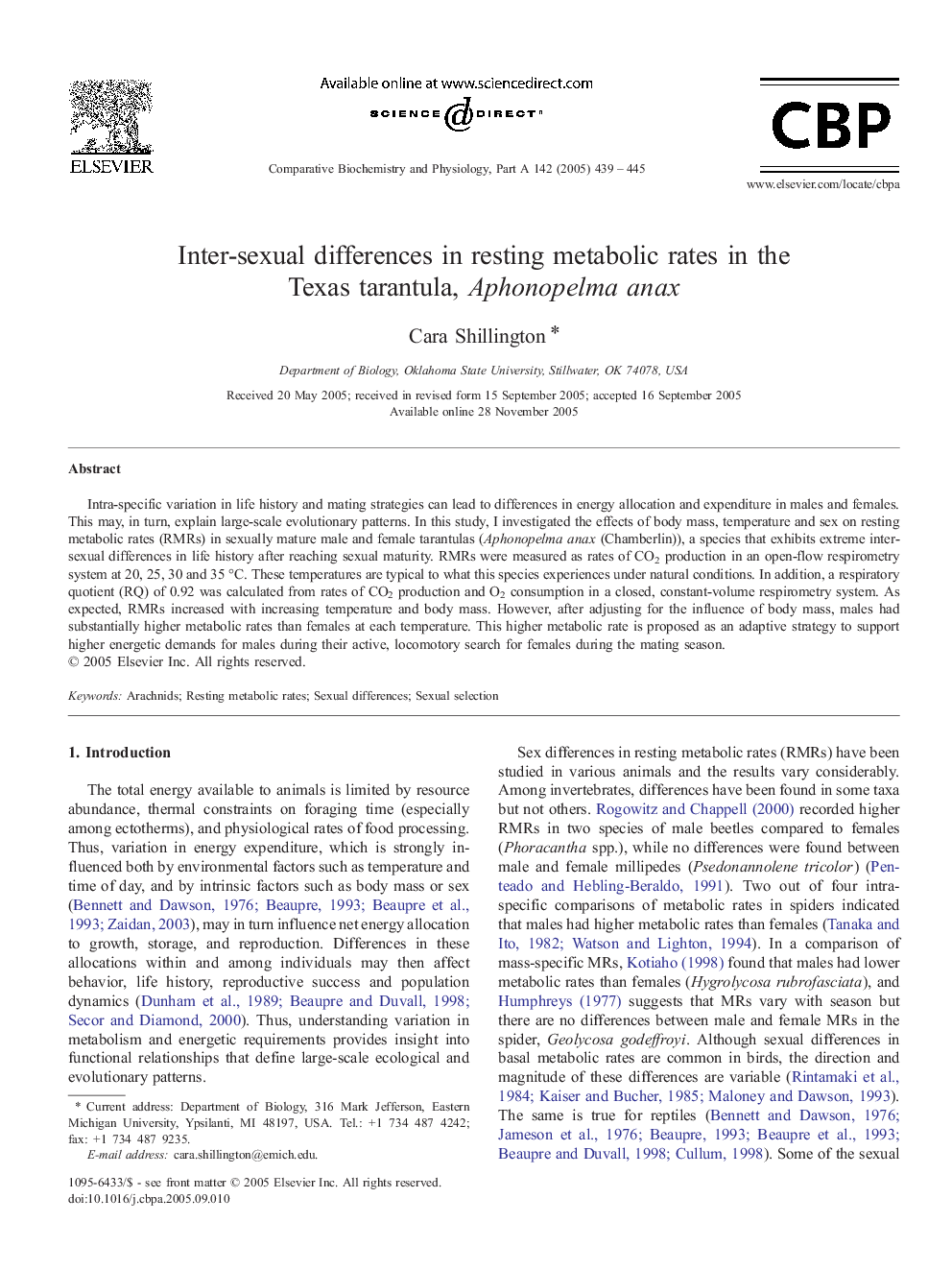 Inter-sexual differences in resting metabolic rates in the Texas tarantula, Aphonopelma anax