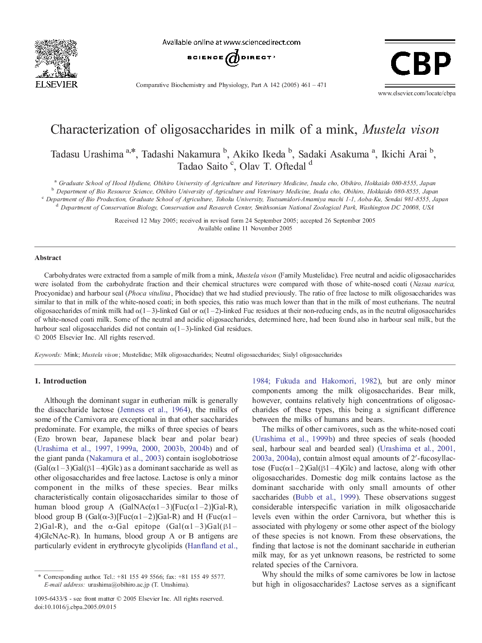 Characterization of oligosaccharides in milk of a mink, Mustela vison