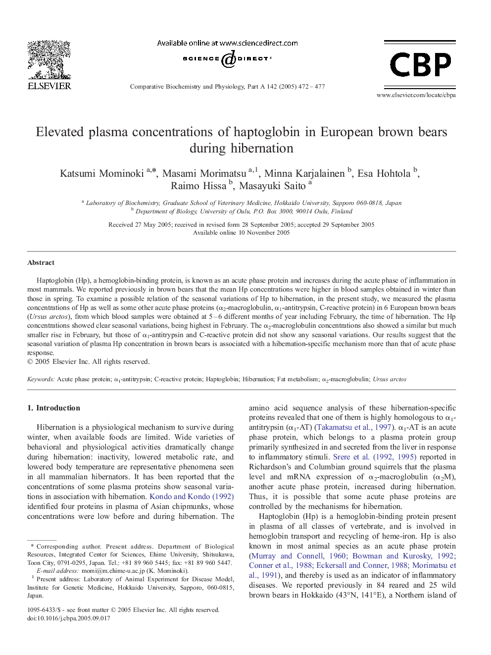 Elevated plasma concentrations of haptoglobin in European brown bears during hibernation