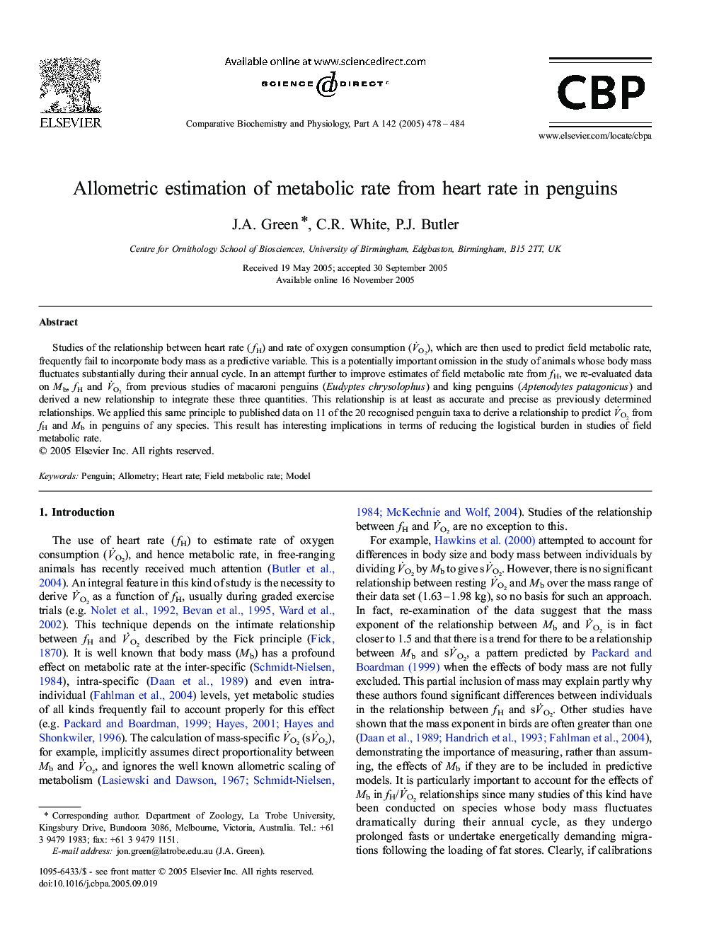 Allometric estimation of metabolic rate from heart rate in penguins