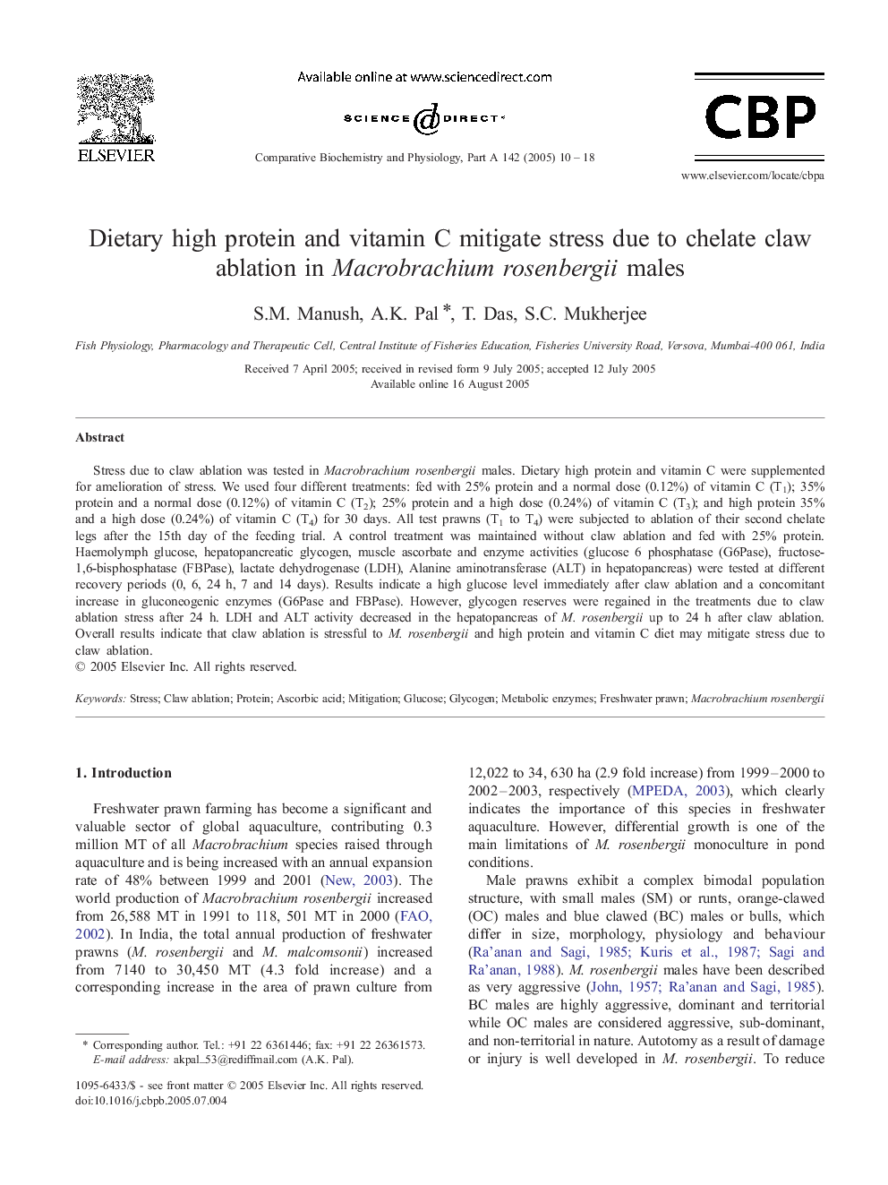 Dietary high protein and vitamin C mitigate stress due to chelate claw ablation in Macrobrachium rosenbergii males