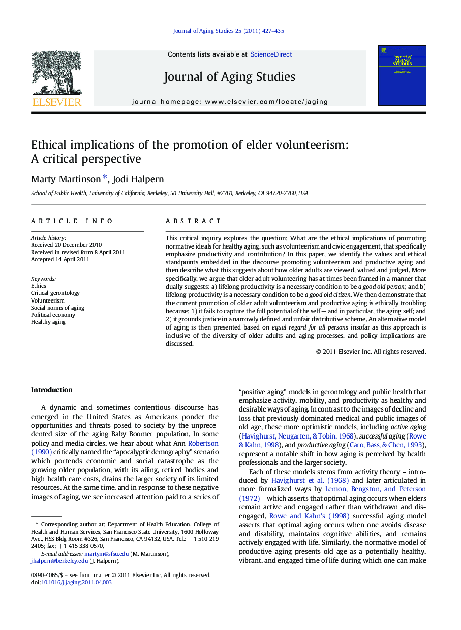 Ethical implications of the promotion of elder volunteerism: A critical perspective