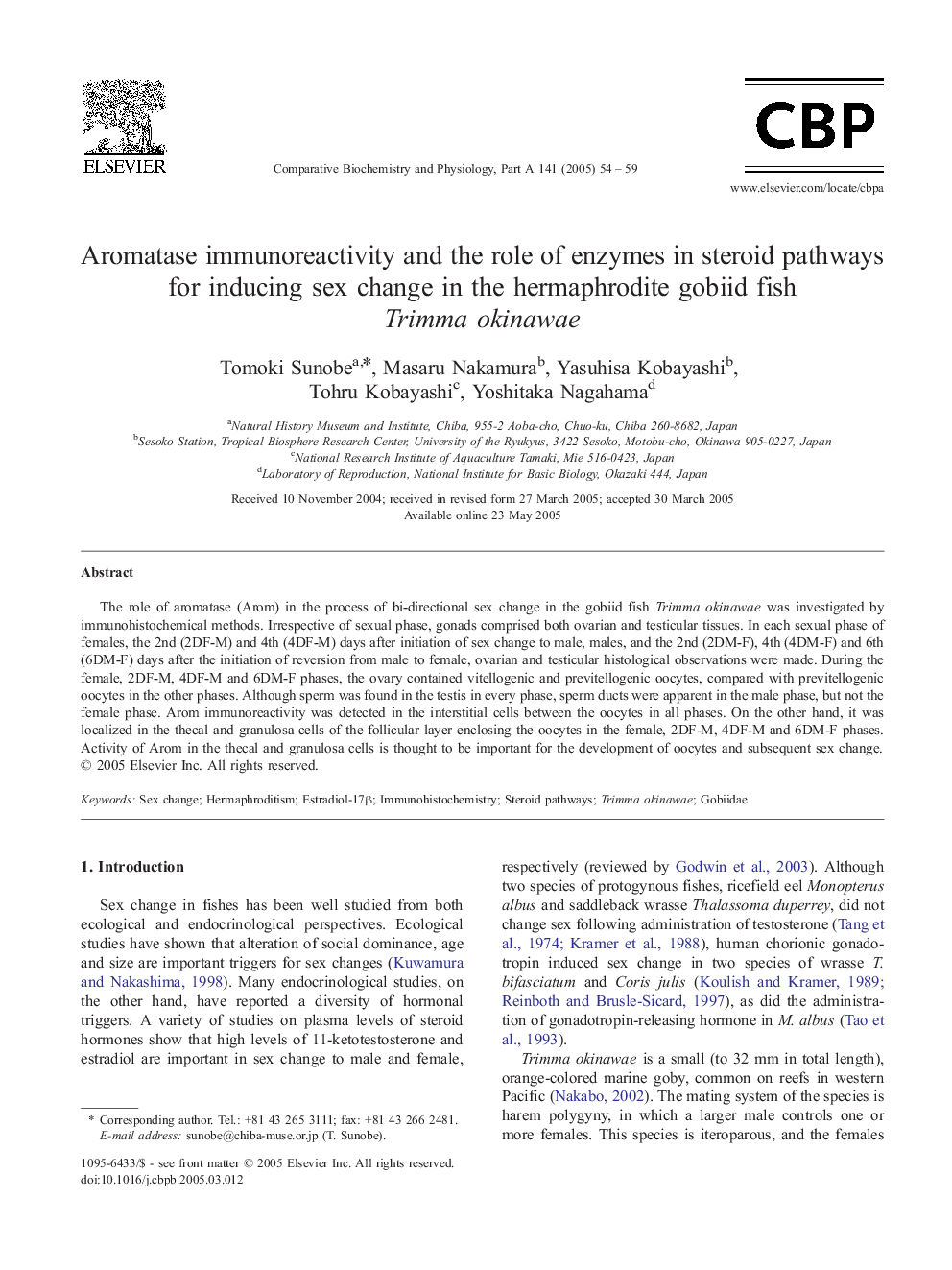 Aromatase immunoreactivity and the role of enzymes in steroid pathways for inducing sex change in the hermaphrodite gobiid fish Trimma okinawae