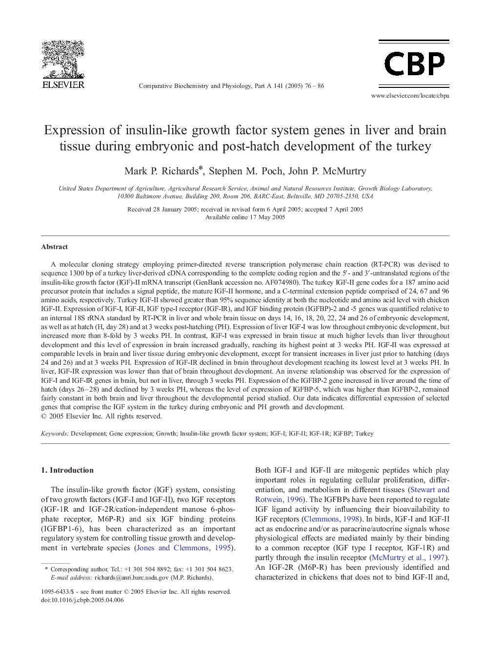 Expression of insulin-like growth factor system genes in liver and brain tissue during embryonic and post-hatch development of the turkey