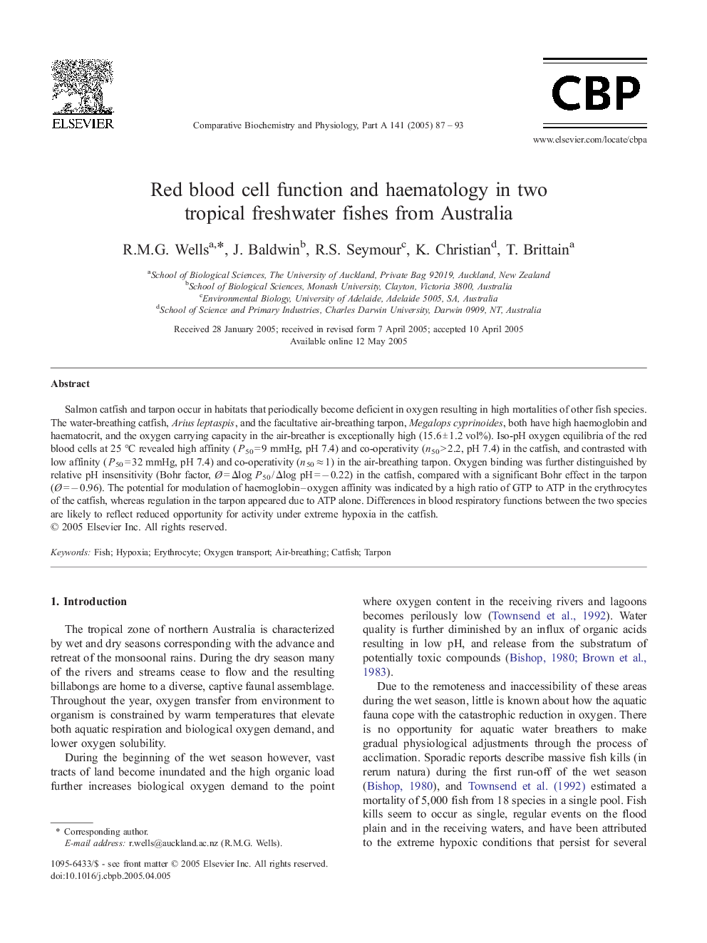 Red blood cell function and haematology in two tropical freshwater fishes from Australia