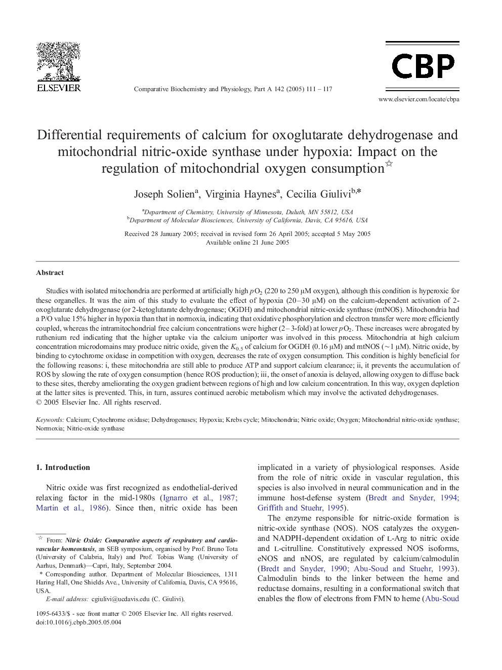 Differential requirements of calcium for oxoglutarate dehydrogenase and mitochondrial nitric-oxide synthase under hypoxia: Impact on the regulation of mitochondrial oxygen consumption