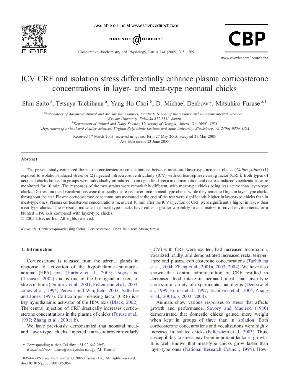 ICV CRF and isolation stress differentially enhance plasma corticosterone concentrations in layer- and meat-type neonatal chicks