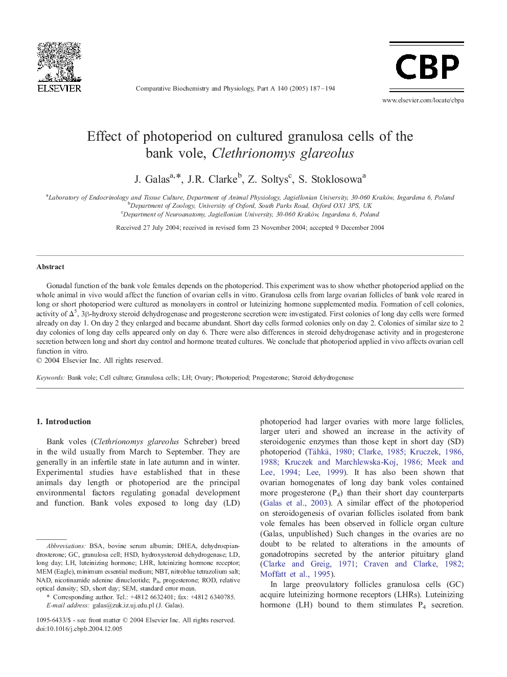 Effect of photoperiod on cultured granulosa cells of the bank vole, Clethrionomys glareolus