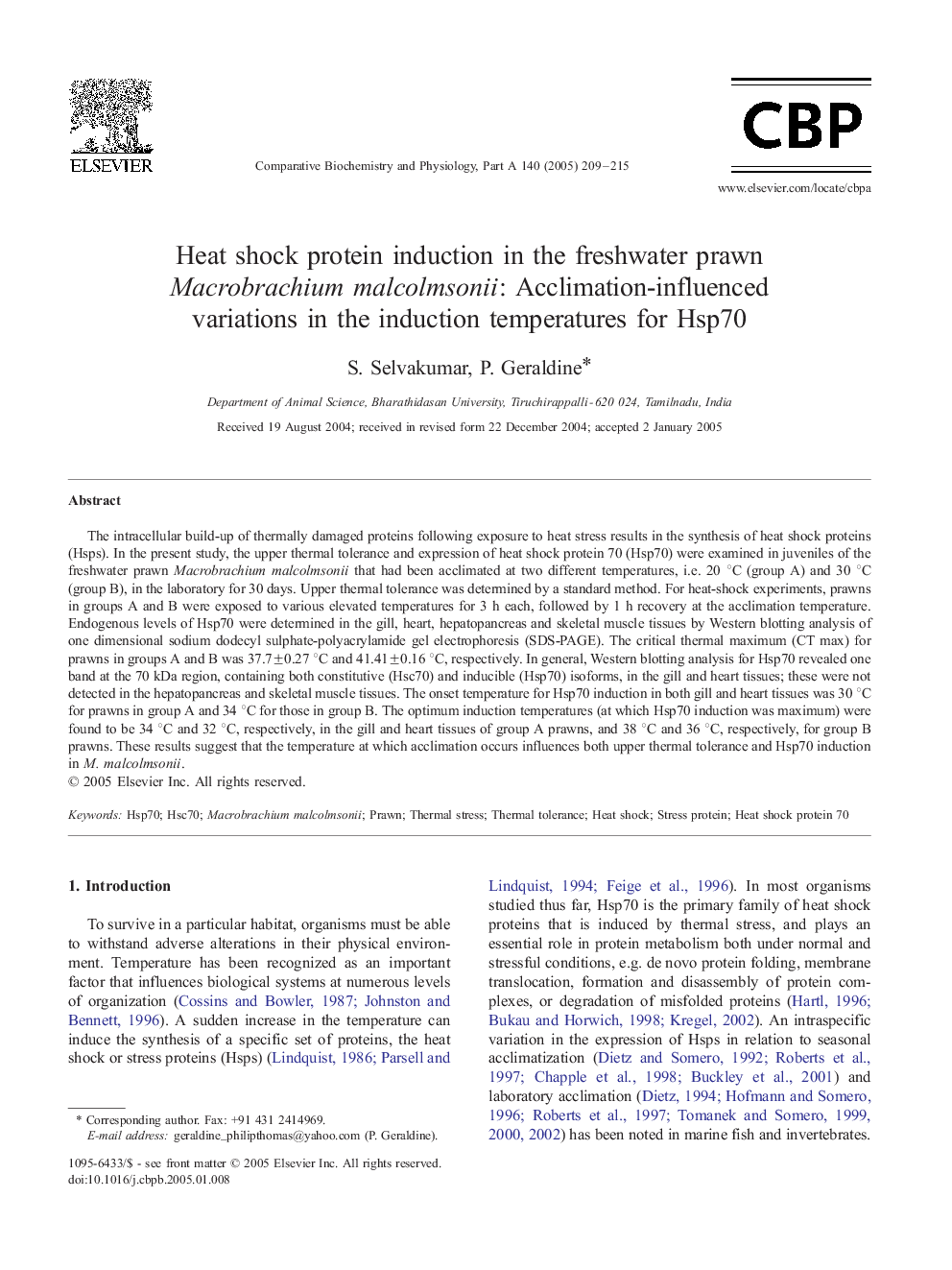 Heat shock protein induction in the freshwater prawn Macrobrachium malcolmsonii: Acclimation-influenced variations in the induction temperatures for Hsp70