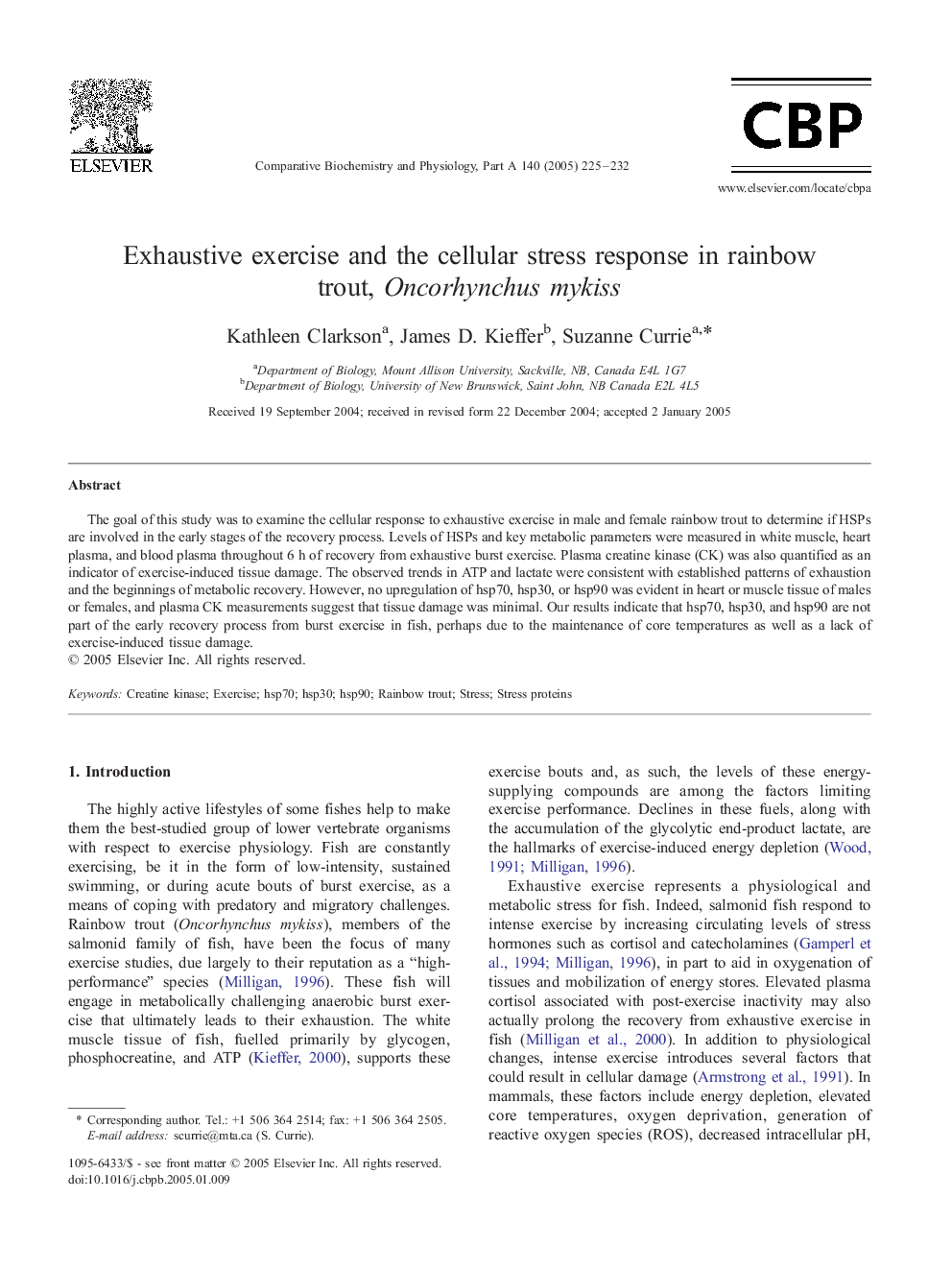 Exhaustive exercise and the cellular stress response in rainbow trout, Oncorhynchus mykiss