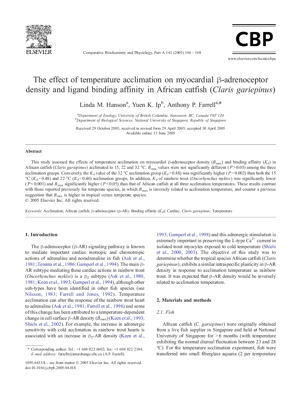 The effect of temperature acclimation on myocardial Î²-adrenoceptor density and ligand binding affinity in African catfish (Claris gariepinus)