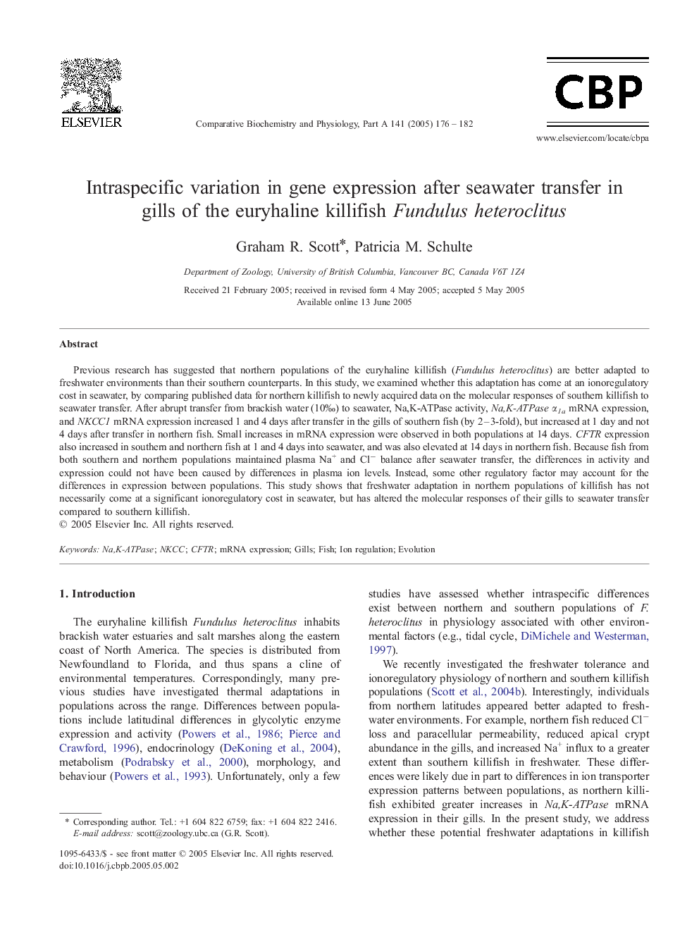 Intraspecific variation in gene expression after seawater transfer in gills of the euryhaline killifish Fundulus heteroclitus