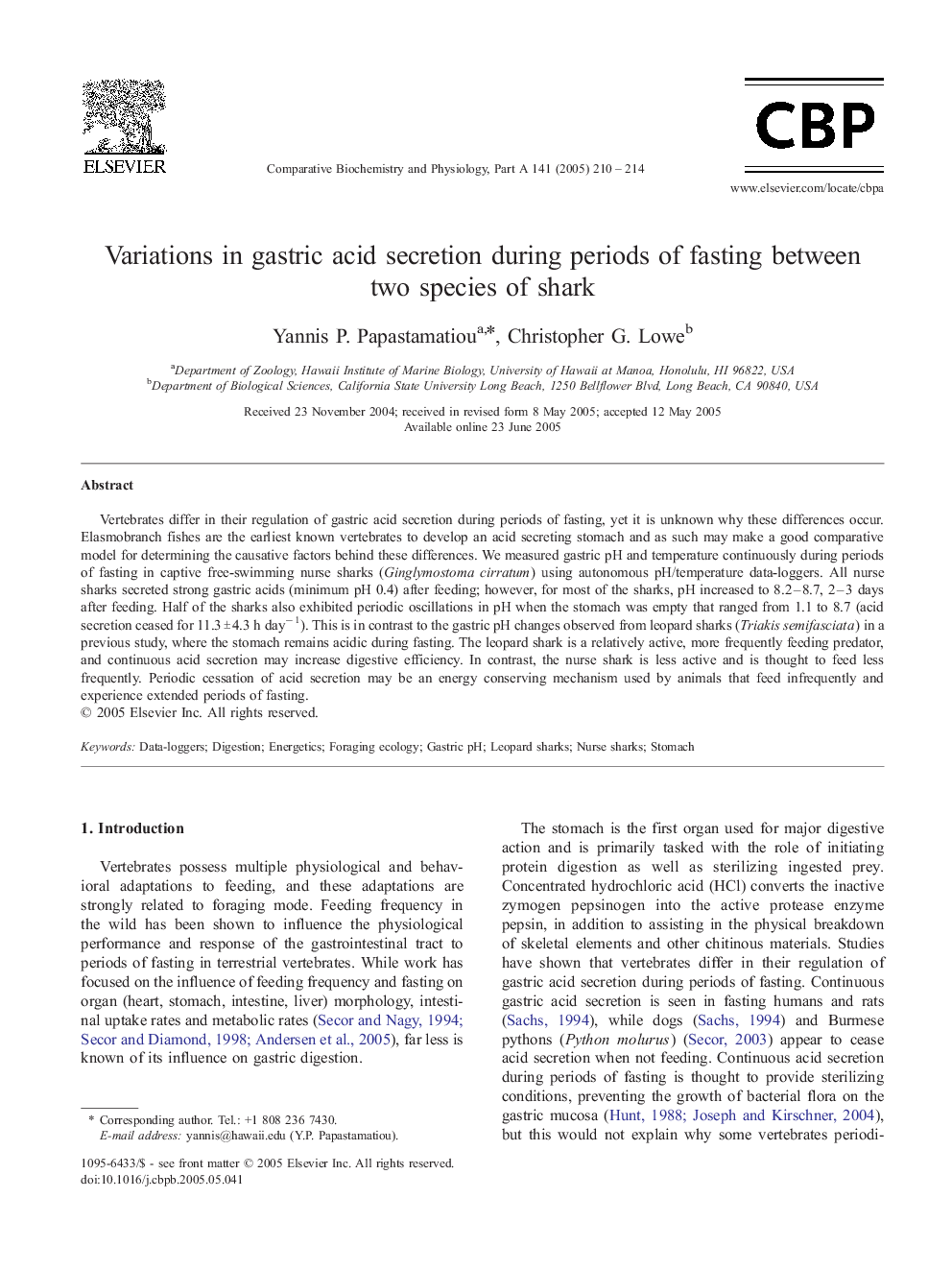 Variations in gastric acid secretion during periods of fasting between two species of shark