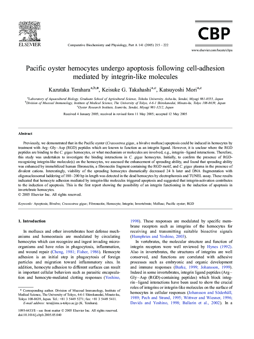 Pacific oyster hemocytes undergo apoptosis following cell-adhesion mediated by integrin-like molecules