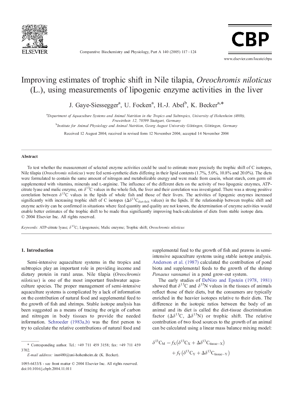 Improving estimates of trophic shift in Nile tilapia, Oreochromis niloticus (L.), using measurements of lipogenic enzyme activities in the liver