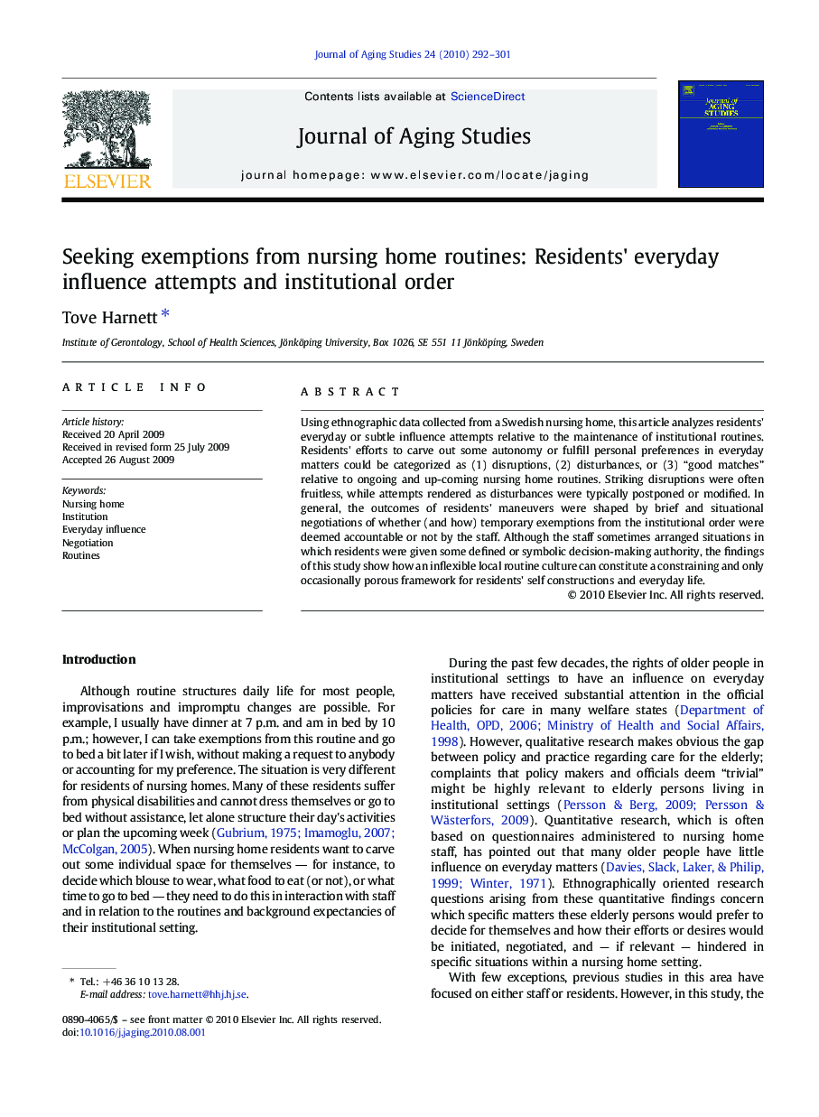 Seeking exemptions from nursing home routines: Residents' everyday influence attempts and institutional order