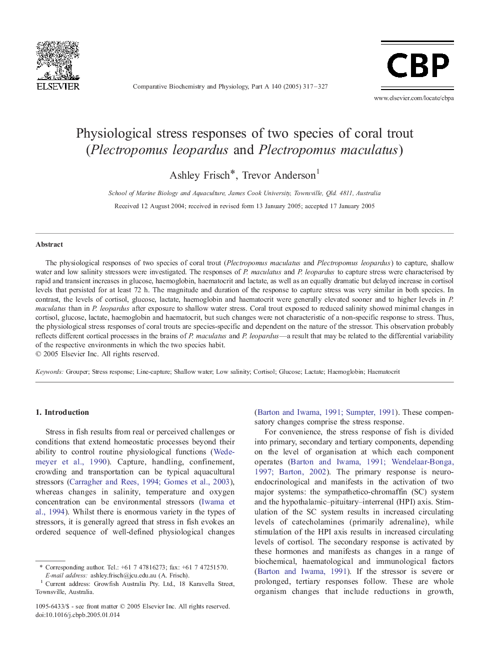 Physiological stress responses of two species of coral trout (Plectropomus leopardus and Plectropomus maculatus)