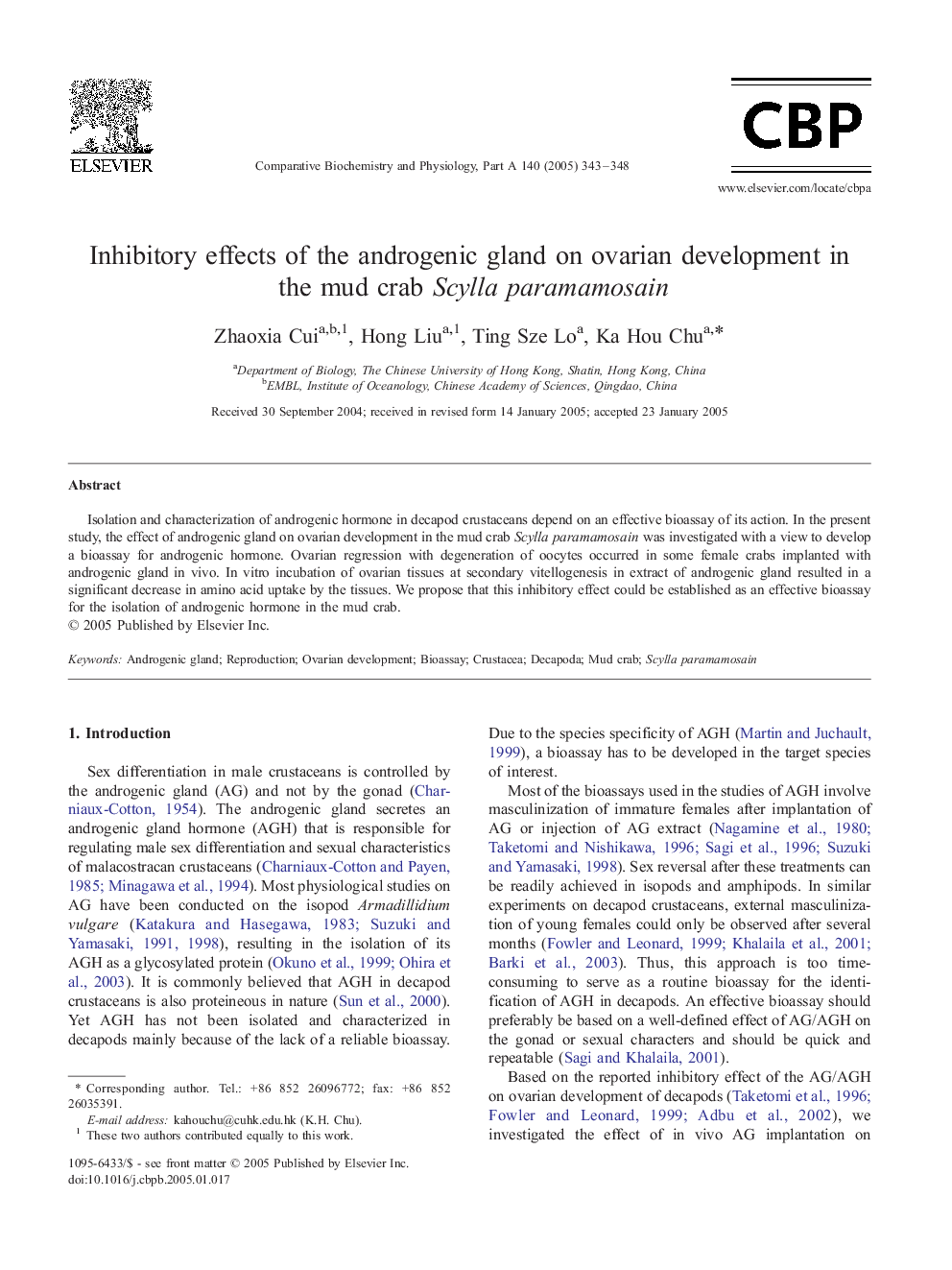 Inhibitory effects of the androgenic gland on ovarian development in the mud crab Scylla paramamosain