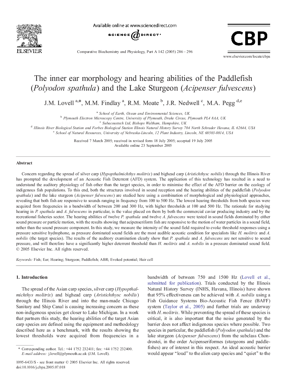 The inner ear morphology and hearing abilities of the Paddlefish (Polyodon spathula) and the Lake Sturgeon (Acipenser fulvescens)