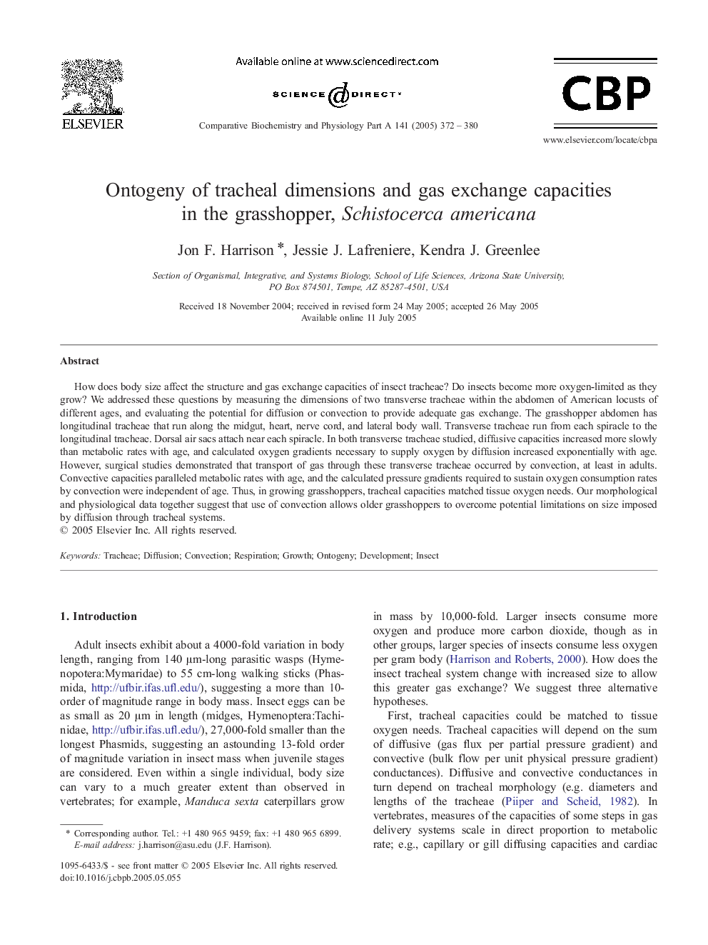 Ontogeny of tracheal dimensions and gas exchange capacities in the grasshopper, Schistocerca americana