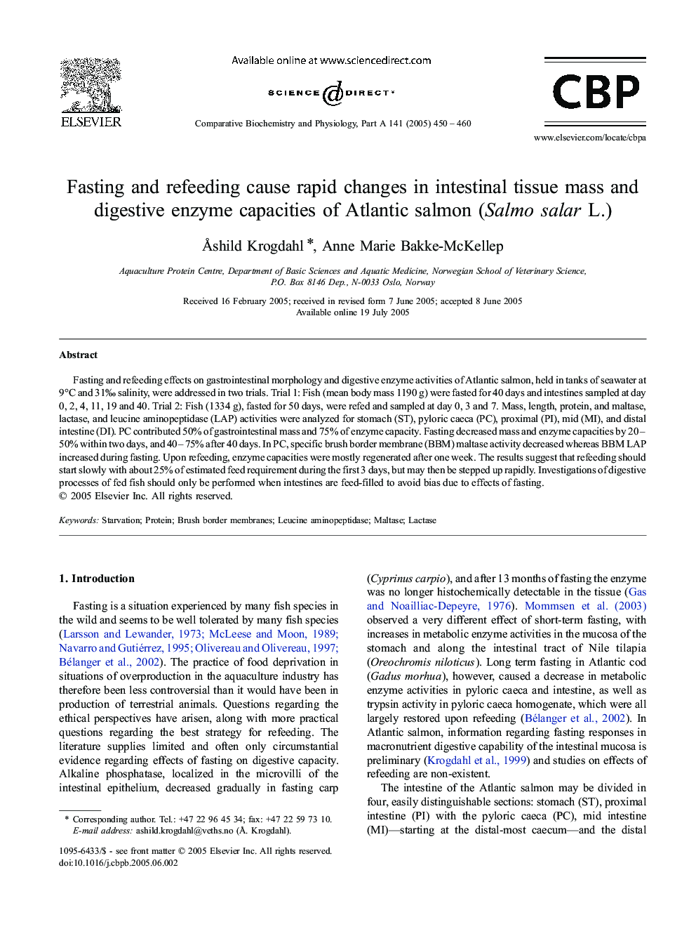 Fasting and refeeding cause rapid changes in intestinal tissue mass and digestive enzyme capacities of Atlantic salmon (Salmo salar L.)