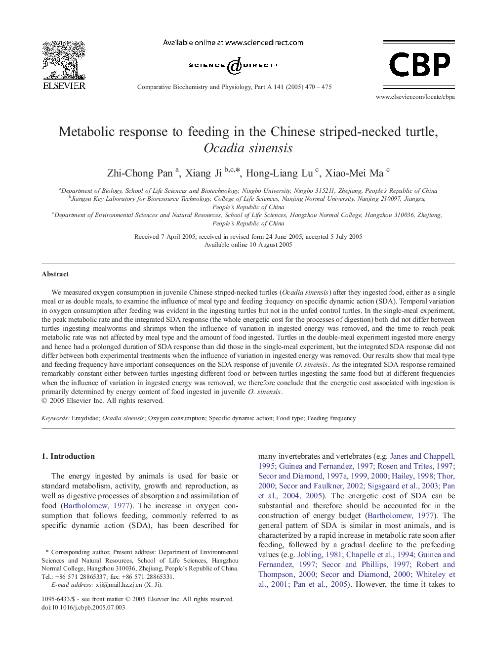 Metabolic response to feeding in the Chinese striped-necked turtle, Ocadia sinensis