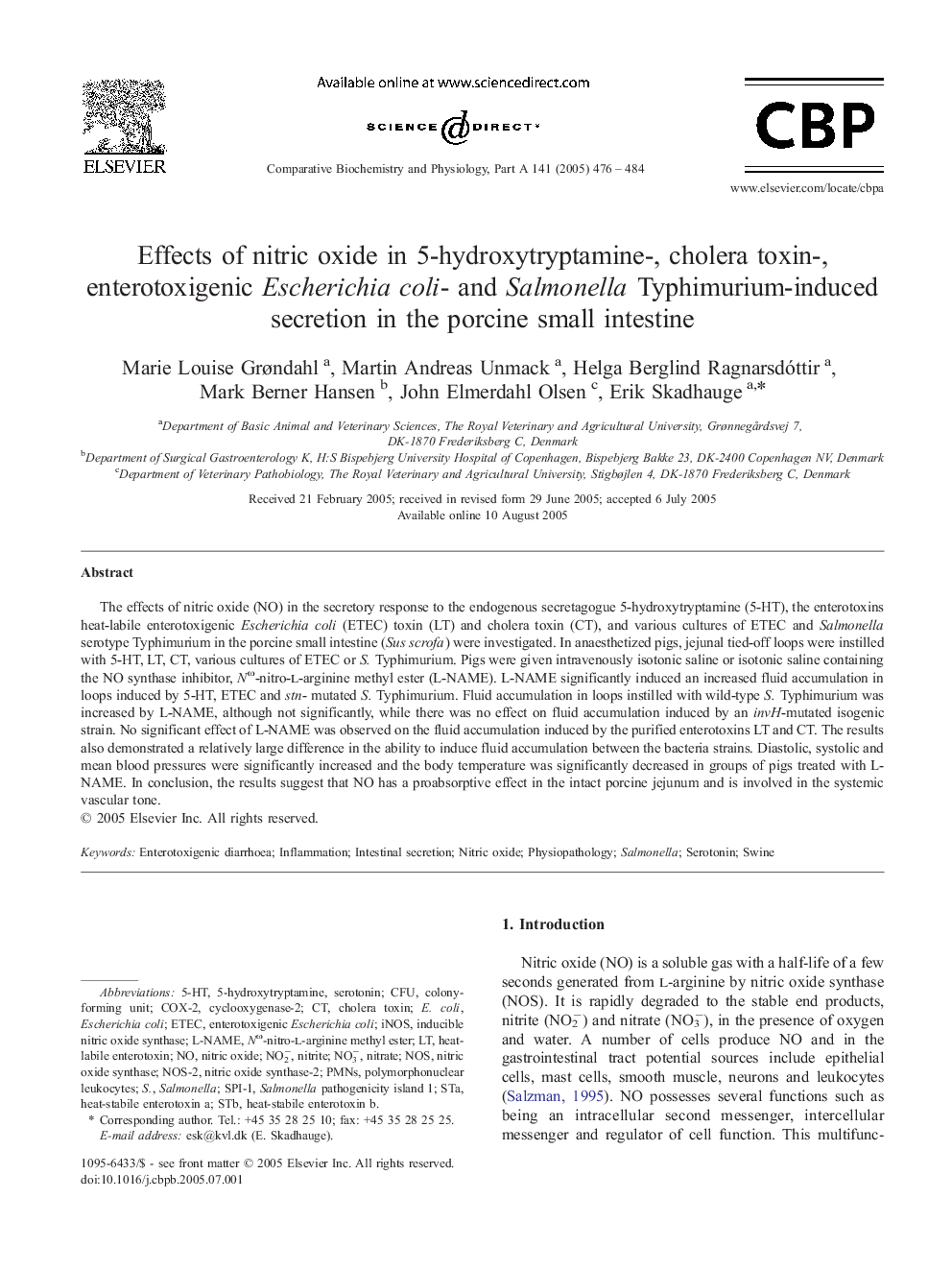 Effects of nitric oxide in 5-hydroxytryptamine-, cholera toxin-, enterotoxigenic Escherichia coli- and Salmonella Typhimurium-induced secretion in the porcine small intestine