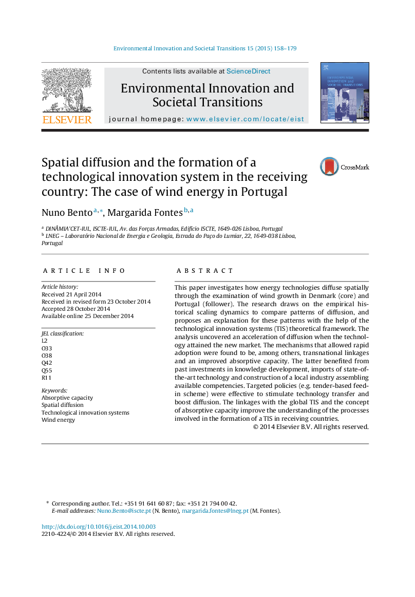 Spatial diffusion and the formation of a technological innovation system in the receiving country: The case of wind energy in Portugal