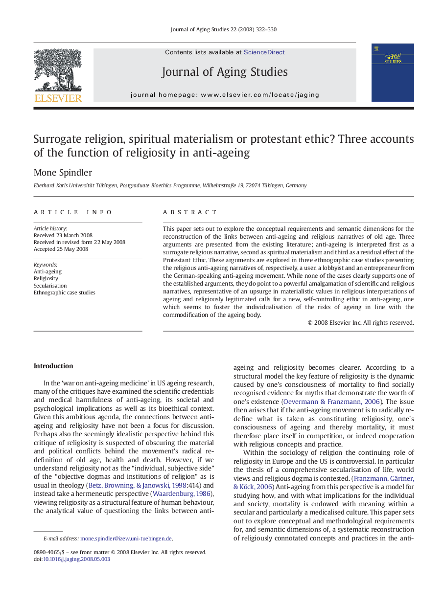 Surrogate religion, spiritual materialism or protestant ethic? Three accounts of the function of religiosity in anti-ageing