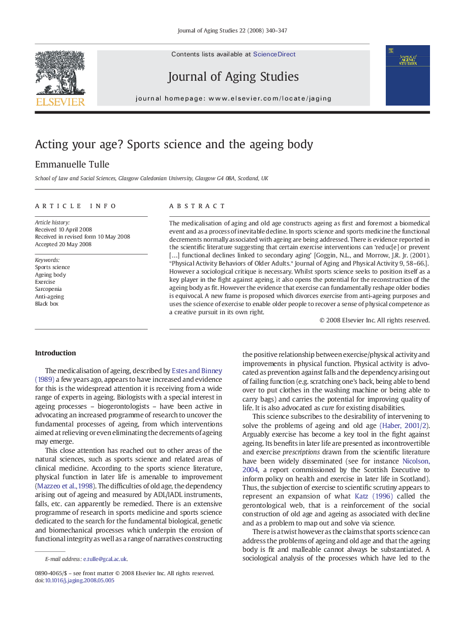 عکس صفحه اول مقاله: Acting your age? Sports science and the ageing body Acting your age? Sports science and the ageing body